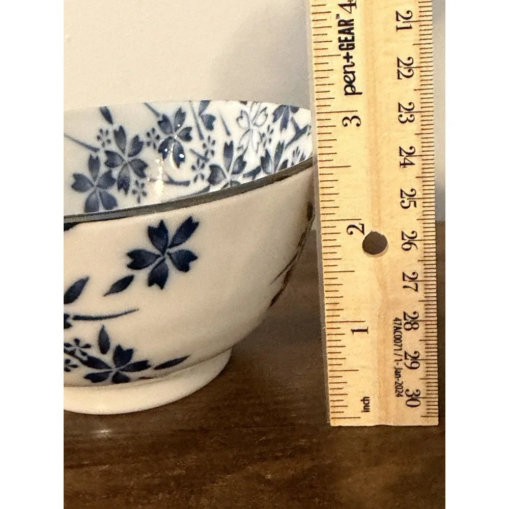 EDO Japan Blue White Floral Porcelain Rice Bowl Silver Tone Rim 5.25